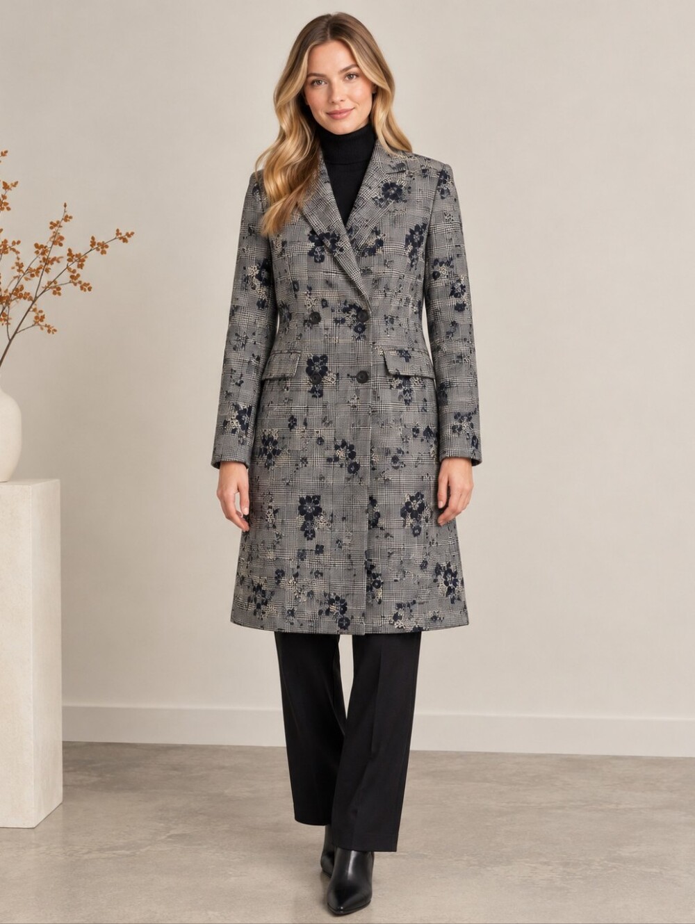Calvin Klein Floral Glen Plaid Coat